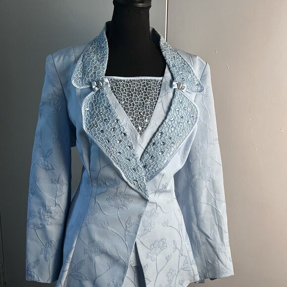 Champagne Italy Women Bead Embellished 3 Pcs Jacket & Skirt Shell Suit Sz‎ 14 - Picture 2 of 11